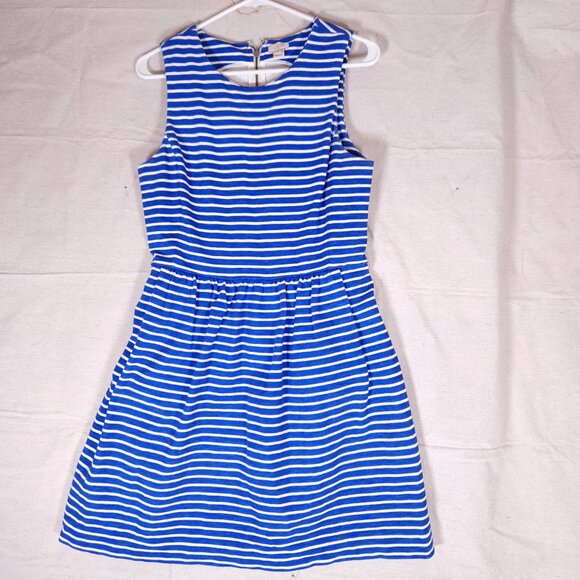 J. Crew Striped Pleated Ponte Dress Womens Medium Zip Back Blue White - Picture 1 of 12